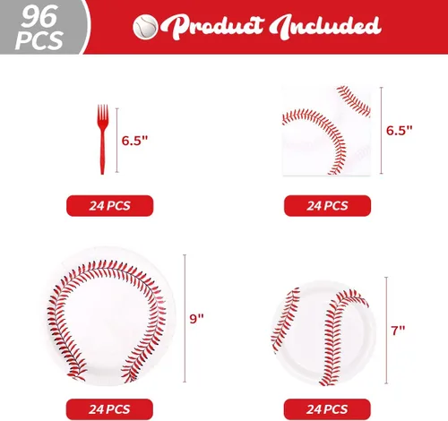 Miniatura 2 de WILDPARTY Juego de 96 piezas de suministros para fiesta de béisbol para 24 invitados, incluyendo platos de papel de béisbol, platos de postre