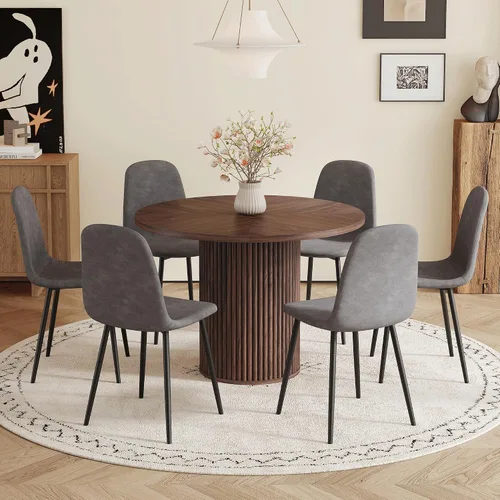 Miniatura 12 de Mesa de comedor redonda para 4-6, mesa de comedor negra con tablero de madera de 42'' y base de pedestal cilíndrico, mesa de cena redonda