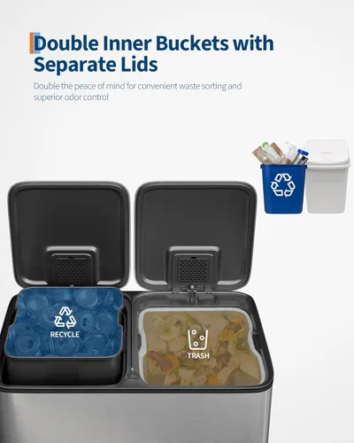 Miniatura 4 de GarveeHome 2 x 10.6 gal Botes de Basura Dobles de Acero Inoxidable con Tapa para Cocina, Combo Grande de Bote de Basura Dual y Reciclaje, Botes