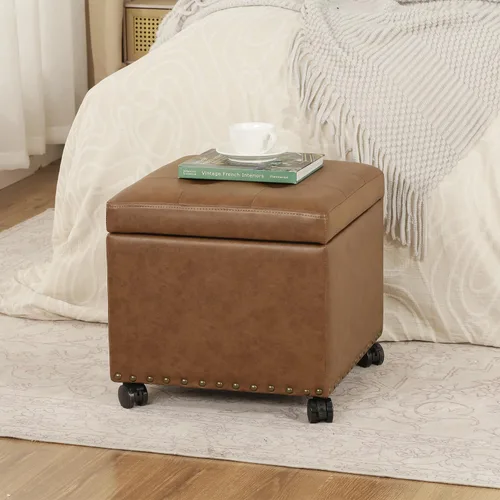 Miniatura 26 de Adeco Otomana moderna de cuero con ruedas, otomana cuadrada negra rodante de 18.8" con almacenamiento, taburete de tocador tapizado acolchado