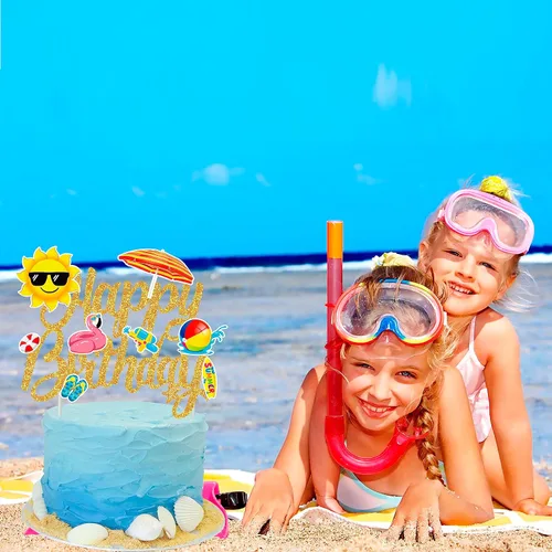 Miniatura 7 de Decoración hawaiana de verano para tartas de playa, decoración de pastel de cumpleaños, decoración de pastel de cumpleaños con purpurina para Oro