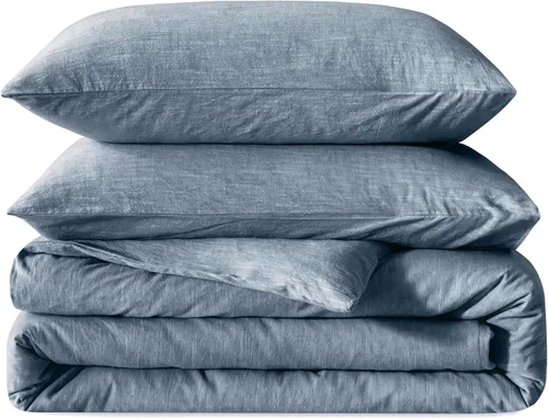Miniatura 13 de BFS HOME Funda de edredón de lino tamaño King, mezcla de lino de algodón suave y transpirable, juego de ropa de cama de 3 piezas con 2 fundas