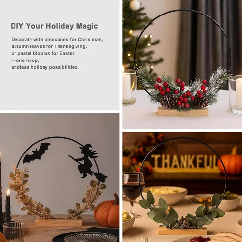 Miniatura 7 de Paquete de 10 aros florales negros con soporte, anillos de metal de 12 pulgadas para centros de mesa, decoración de mesa, manualidades, anillos