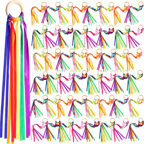 Miniatura 8 de Junkin Anillos de cinta de mano, juguetes Waldorf, cintas de muñeca bailarín, serpentinas de arco iris con anillo de madera, juguete educativo