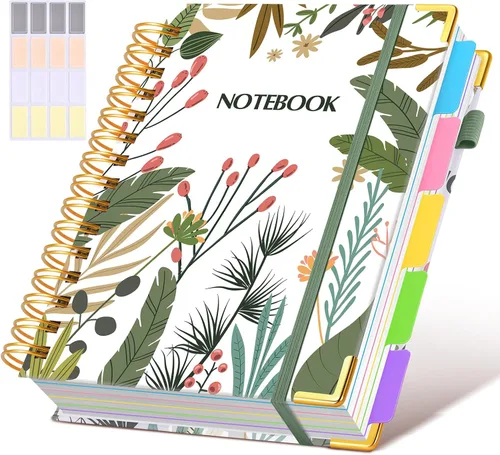 Miniatura 37 de Cuaderno universitario de espiral con tapa dura de cuero de 8 x 10 pulgadas, con pestañas separadoras extraíbles, para 5 materias, a rayas; diario
