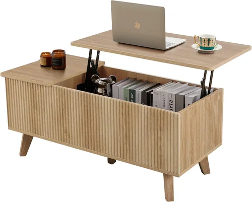 Mesa auxiliar bohemia con tapa elevable con almacenamiento para sala de estar, dormitorio, mesa auxiliar rectangular baja acanalada con cajones,