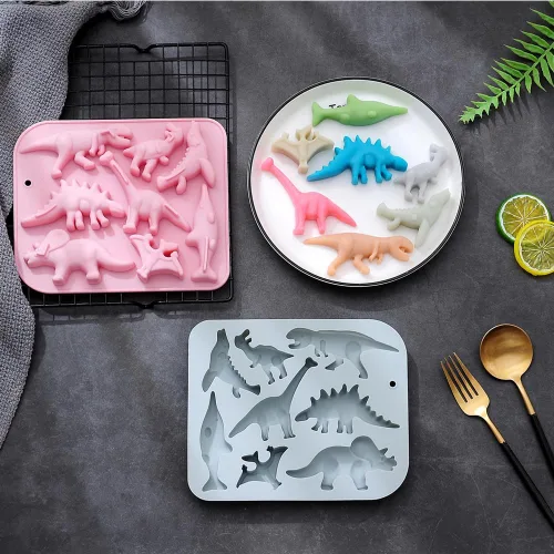 Miniatura 6 de 2 moldes de silicona para tartas de dinosaurio, bandeja de gomitas de chocolate con dinosaurio 3D de dibujos animados, 8 cavidades, molde de Molde