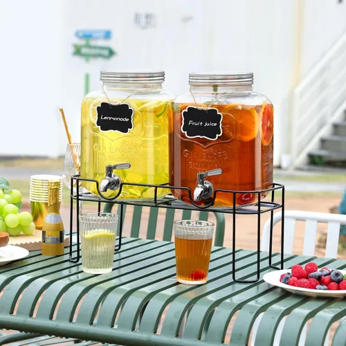 Miniatura 6 de Dispensador de bebidas de vidrio de 1.6 galones, 2 piezas dispensador de bebidas con soporte, dispensador de limonada con grifo de acero inoxidable