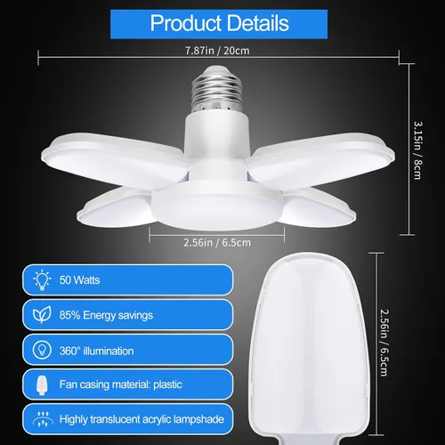Miniatura 6 de Paquete de 2 bombillas LED de garaje, mini luces LED de techo de garaje de 50 W, 4 paneles ajustables, bombilla LED de garaje de 5000 lúmenes, luz
