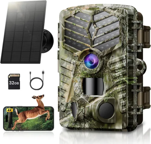 Solareye Cámara de Rastreo WiFi - Cámaras de Juego de 4K 64MP con Energía Solar con Visión Nocturna Activada por Movimiento, Impermeable con Tarjeta