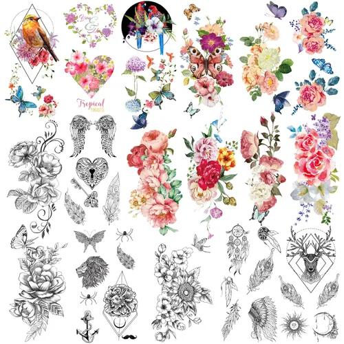 Miniatura 10 de Yazhiji 15 hojas grandes Sexy impermeable tatuajes temporales para hombres mujeres flores colección (19X9 CM)