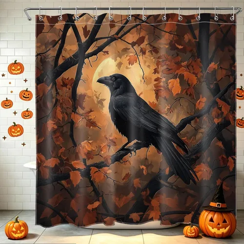 Miniatura 42 de HVEST Cortina de ducha con ganchos, calabaza espeluznante y fantasma con sombrero de bruja negro, juego de cortina de ducha naranja con flores