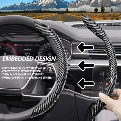 Miniatura 5 de 2 fundas de volante de fibra de carbono de ajuste universal, antideslizantes, protector segmentado para volante, accesorios interiores de automóvil