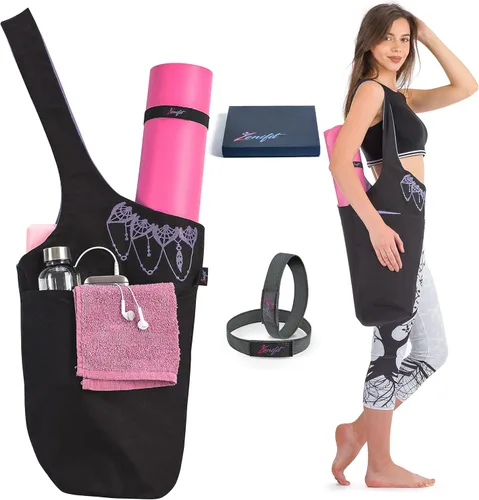 Bolsa para esterilla de yoga: bolsa de yoga versátil con correas para alfombrilla y bolsillos de almacenamiento, sostiene esterillas de yoga y Negro