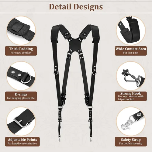 Miniatura 4 de Jumyee Double Camera Harness for 2 Cameras, Adjustable Dual Shoulder Leather Camera Strap for DSLR/SLR