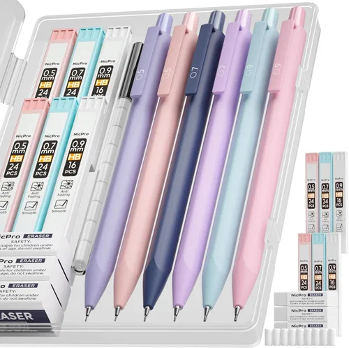 Miniatura 6 de Nicpro Bonito juego de lápices mecánicos, 6 lápices pastel de 0.5 y 0.028 in con 6 tubos de minas HB, borradores y recargas, suministros escolares
