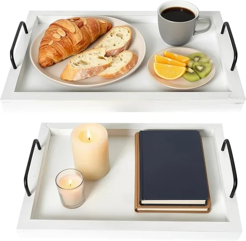 Miniatura 12 de Besti - Juego de 2 bandejas rústicas vintage para servir comida Tabla de madera anidable con asas de metal Elegantes platos de servir de Rústico