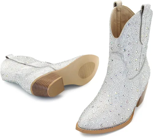 Miniatura 5 de SOVANYOU - Botas de cowboy con tachuelas para mujer, puntera en forma de almendra, tacón de bloque brillante, botas de vaquera con tachuelas