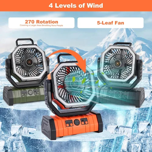 Miniatura 5 de Ventilador solar de campamento de 20000 mAh con panel solar de 10 W, banco de energía solar recargable para exteriores, linterna LED, tienda