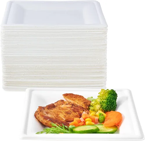ECOLipak 150 Piezas Platos Cuadrados Compostables, Platos de Papel Desechables de Caña de Azúcar Biodegradables Ecológicos de Alta Resistencia de 6