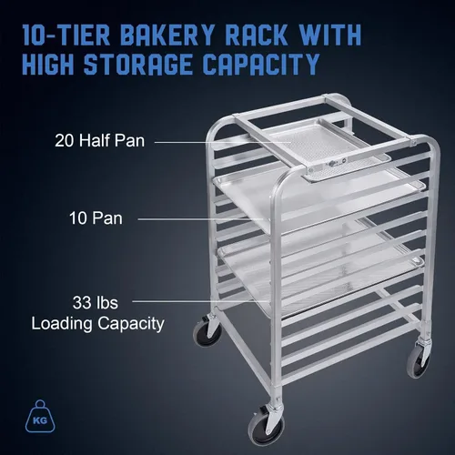 Miniatura 3 de Profeeshaw Estante para panadería de 10 niveles con ruedas, carro de almacenamiento de estante de aluminio para medias hojas o hojas completas