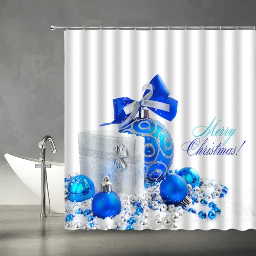 Miniatura 2 de AMFD Cortina de ducha de Feliz Navidad, bolas de Navidad azules, fantasía, vacaciones de invierno, feliz año nuevo, blanco, juego de decoración