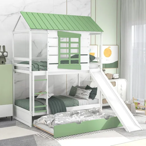 MERITLINE Literas de casa con tobogán para niños, literas de madera de tamaño individual sobre individual con nido y tobogán convertible, cama de