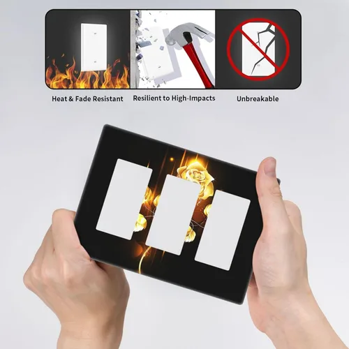 Miniatura 518 de Cubiertas de placa de pared de 3 gang con interruptor de luz de triple palanca, en negro y dorado con esplendor de oro rosa, estampado floral
