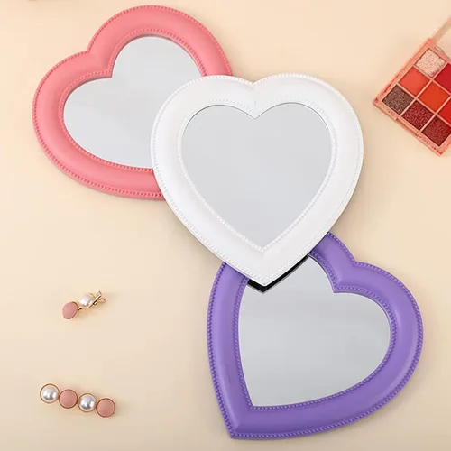 Miniatura 7 de Mokoze Espejo en forma de corazón para escritorio o pared, espejo de tocador rosa claro de 11 x 10.6 pulgadas con soporte y agujero para colgar