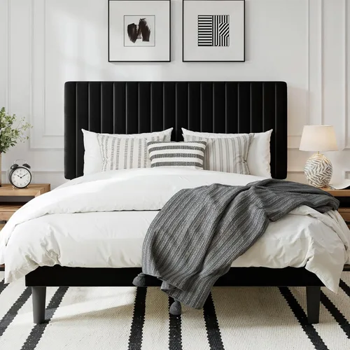 GOLDORO Base de cama tapizada de terciopelo de tamaño matrimonial con cabecera capitoné de canal vertical, soporte de listones de madera, no