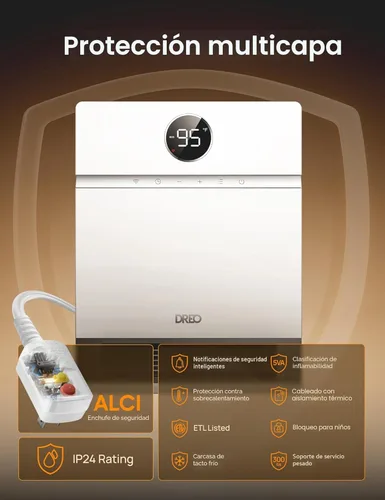 Miniatura 5 de Dreo Calentador de pared inteligente, calentador eléctrico IP24 con enchufe ALCI para uso en interiores, oscilación de 30°, termostato ajustable