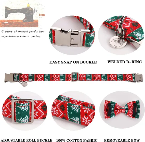 Miniatura 3 de DOGWONG Collar de Navidad para perro con pajarita, collar de perro de copo de nieve con tira roja y verde, suave, duradero, ajustable, de algodón