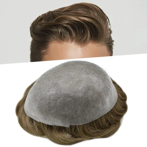 Miniatura 37 de Tupé de piel ultra fina para hombres pieza de cabello humano real sistema de reemplazo 0.002 in Mens Toupee Hairpiece para hombres V-Loop 8x10 80%