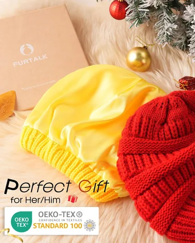 Miniatura 41 de FURTALK Gorro de invierno para mujer, con forro de satén, tejido trenzado, grueso, holgado, gorro cálido
