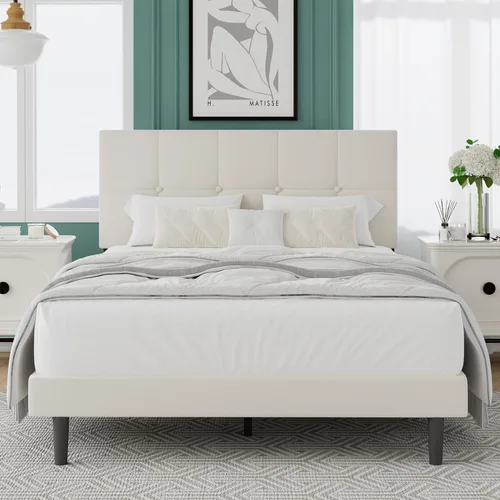 Miniatura 3 de IOILORI - Marco de cama tamaño Queen, marco de cama tapizada tamaño Queen con cabecero, cabecero tapizado, listones de madera resistentes, Beige