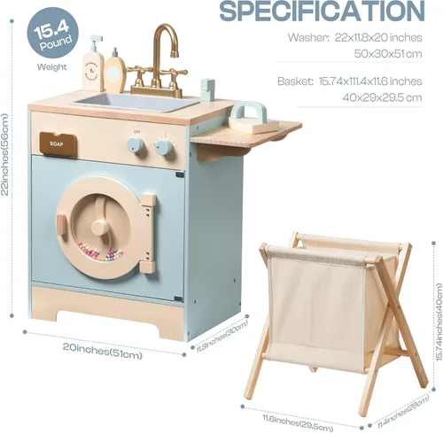 Miniatura 9 de ROBOTIME Juego de lavadora de cocina de juguete, lavadora de juguetes de madera para niños con cesta de ropa, plancha y fregadero, juguete de cocina