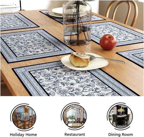 Miniatura 5 de Encasa XO Juego de 6 manteles individuales de lona de algodón con estampado de bloques índigo-02, 18 x 13 pulgadas, estampado a mano de Jaipur