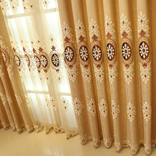 Miniatura 5 de ELKCA Cortinas bordadas de jacquard para dormitorio, cortinas beige de lujo para sala de estar, ojales superiores, 2 paneles