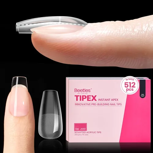 Miniatura 20 de Beetles Tipex - Uñas postizas con ápice instantáneo, 192 uñas, preconstruidas y pregrabadas, largas, cuadradas, fuertes y gruesas, uñas postizas a