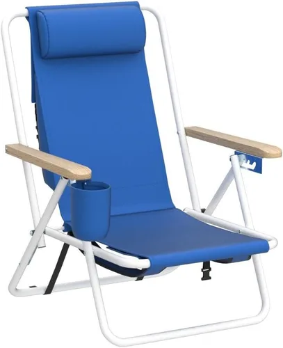 Miniatura 5 de Outvita Silla de playa plegable con reposacabezas ajustable de 4 ángulos de inclinación flexibles, con soporte para tazas, portátil, de alta Azul