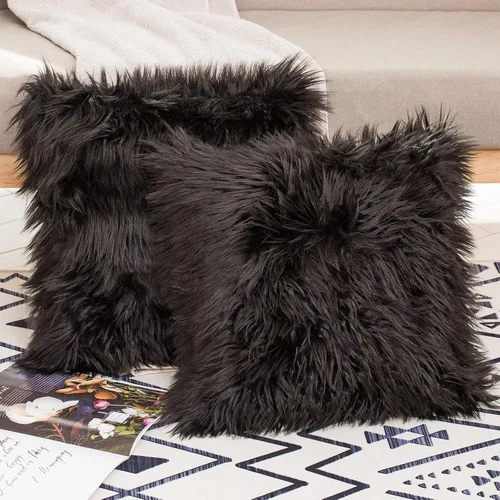 Miniatura 2 de HYSEAS - Juego de 2 fundas de almohada de pelo sintético, decorativas, negras, esponjosas y cuadradas, para sofá, sillón, silla, cama y café, 20 x
