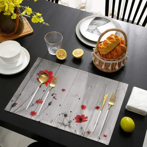 Miniatura 4 de Juego de 6 manteles individuales de flores de amapola roja para mesa de comedor, manteles individuales de lino de algodón gris rústico