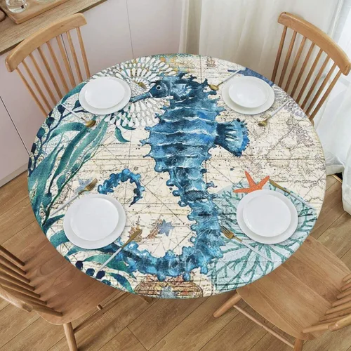 Miniatura 9 de Mantel ajustable con temática náutica con diseño de cangrejo, mapa de vida costero azul del océano, borde elástico, cubierta impermeable y lavable