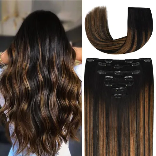 Miniatura 20 de Extensiones de cabello humano Remy de 12 pulgadas con clip para mujer, extensiones de cabello humano sedoso y liso, 1.76 onzas, 4 piezas