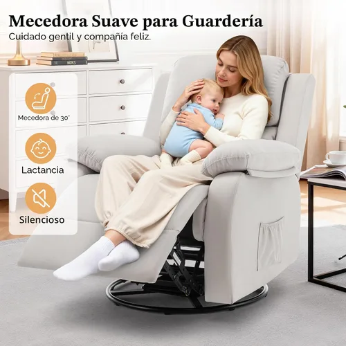 Miniatura 5 de Korser Silla reclinable, silla mecedora giratoria 360 grados para adultos, mecedora pequeña para espacios pequeños, tapizada de tela, reclinable