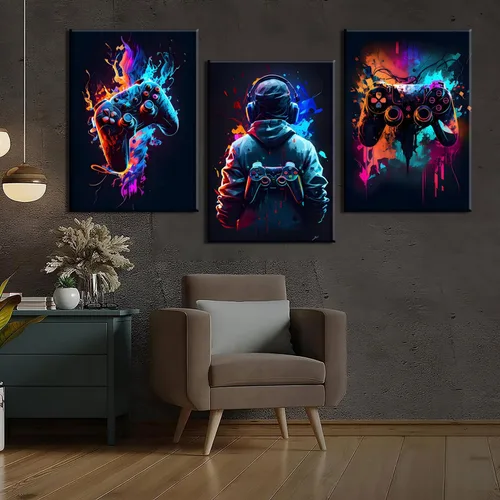 Miniatura 8 de 3 piezas de arte de pared de videojuegos geniales retro acuarela pósters cuadros coloridos neón gamepad lienzo pintura impresiones para habitación