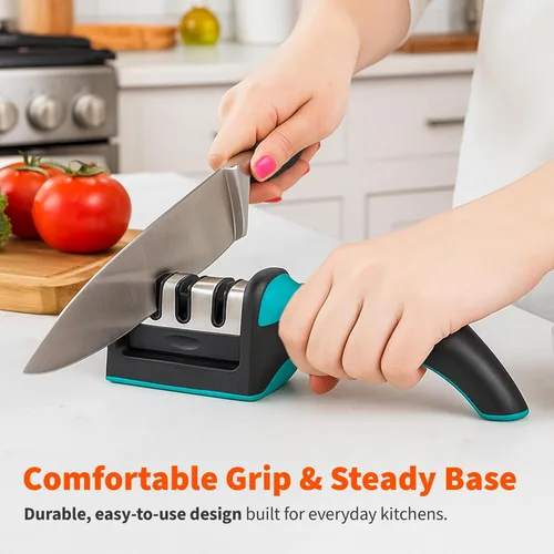 Miniatura 3 de IMUSA - Afilador de cuchillos de cocina con diseño de afilador de cuchillas de acero inoxidable de 3 etapas, fácil de usar, kit ergonómico de Verde