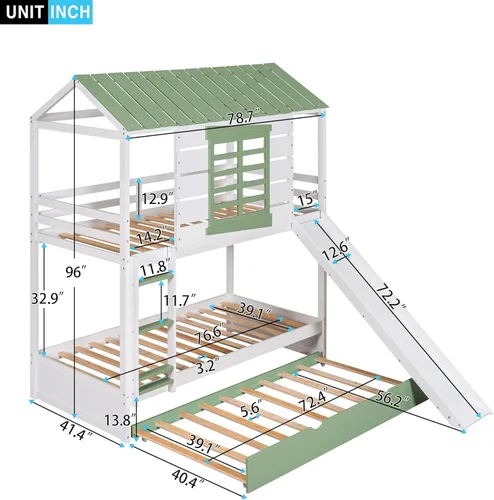 Miniatura 2 de Litera de casa individual sobre cama individual con tobogán convertible y nido, litera de madera maciza con techo y ventana para niños, verde-blanco