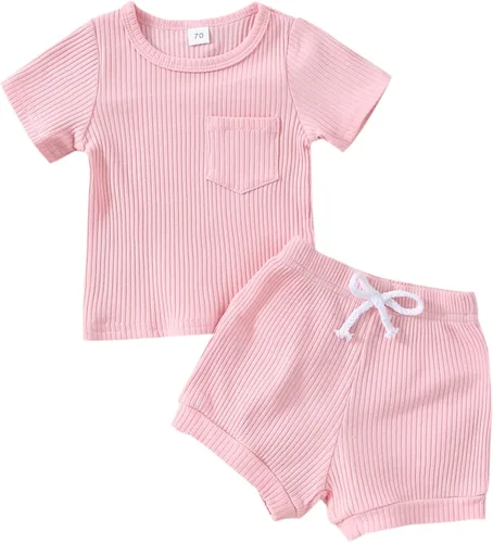iddolaka Conjunto de dos piezas para recién nacido, camiseta de manga corta y pantalones cortos de color sólido