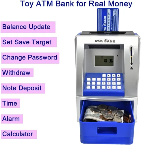 Miniatura 3 de Caja de ahorros de cajero automático para dinero real, alcancía electrónica para enseñar ahorros, juguete clásico de conteo, banco de dinero